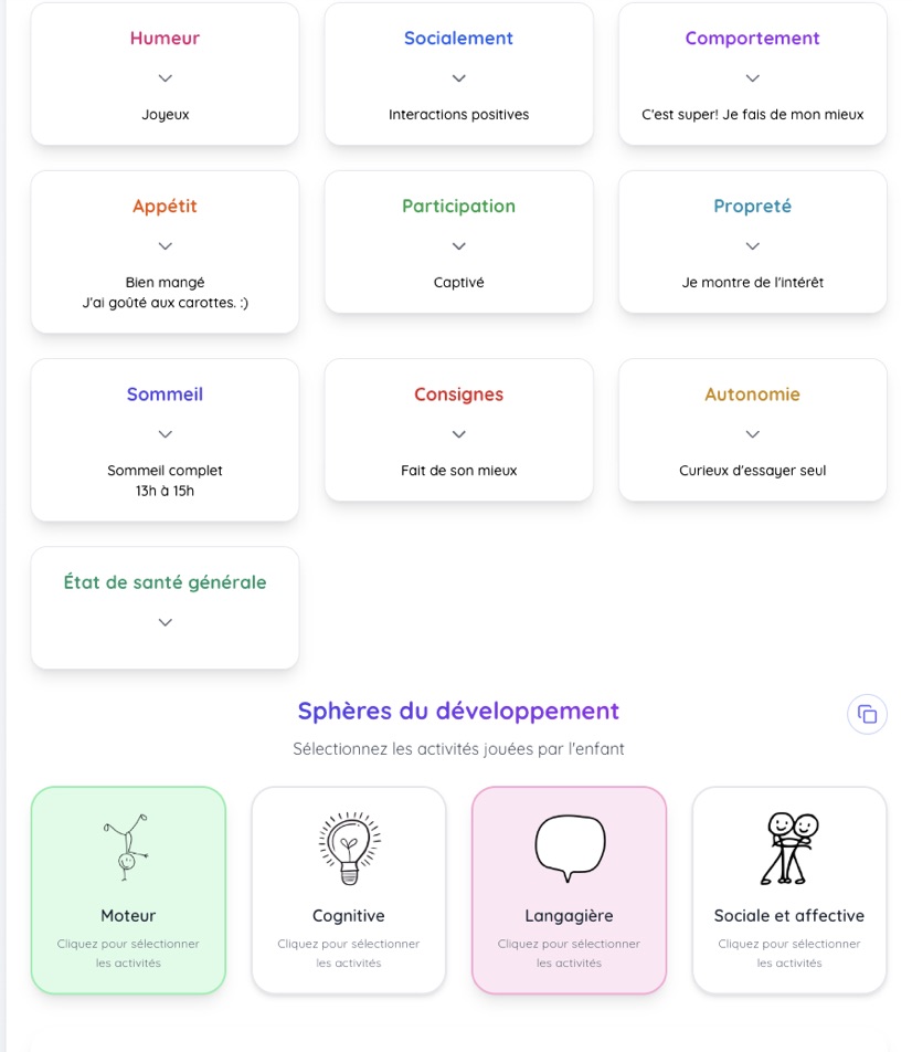 Sélection facile des humeurs et des sphères de développement de l’enfant