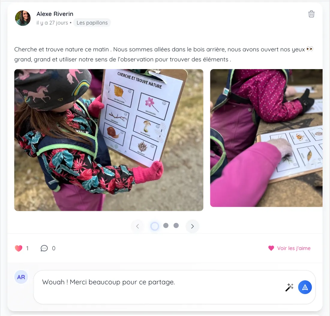 Publication avec photos partagée aux parents dans le fil d’actualité