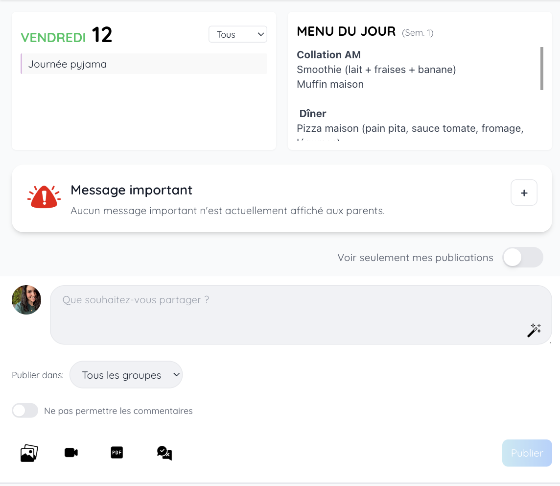 Fil d’actualité GE Agenda : menu du jour, message important et publication