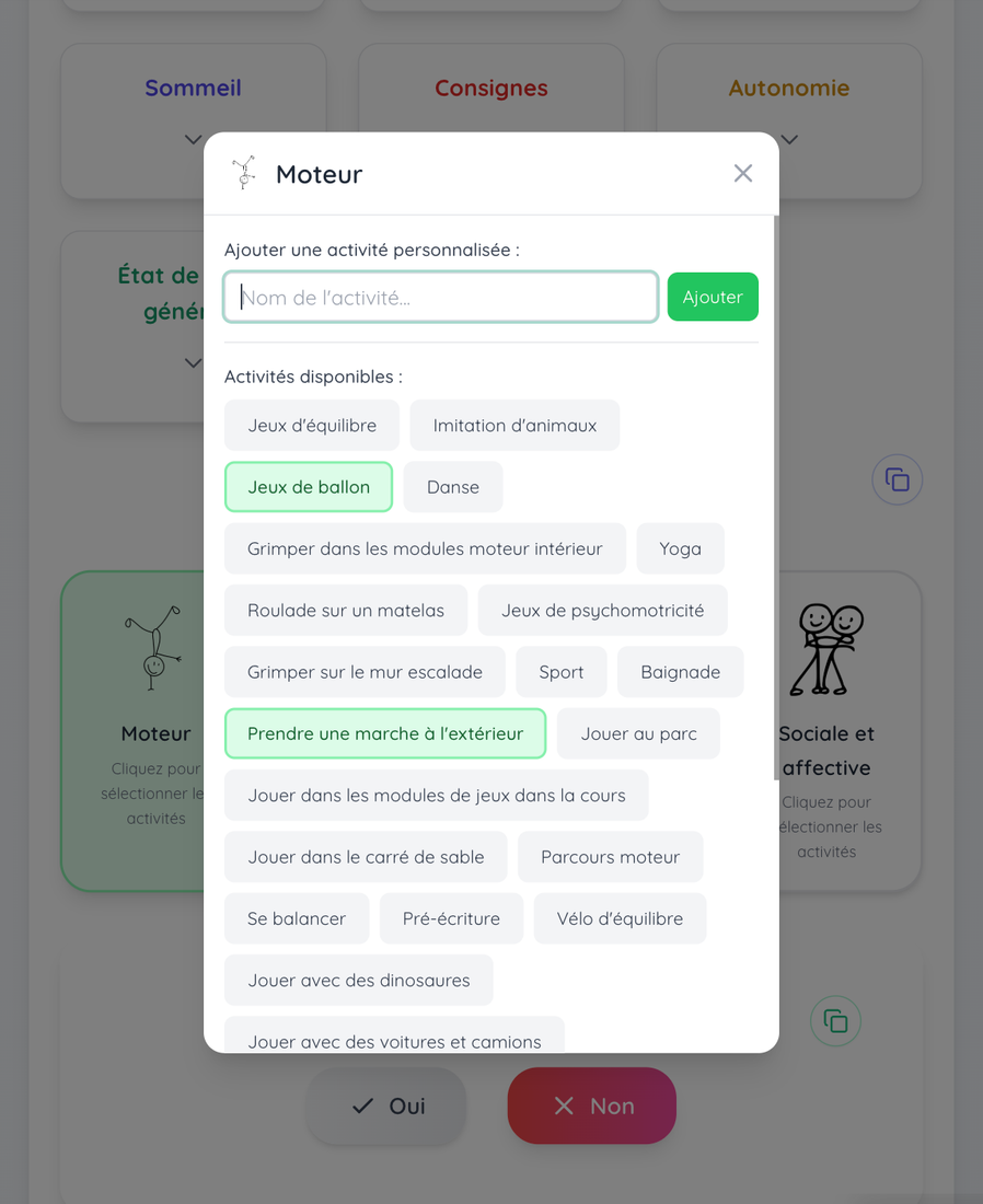 Sélection simple des activités jouées par l’enfant